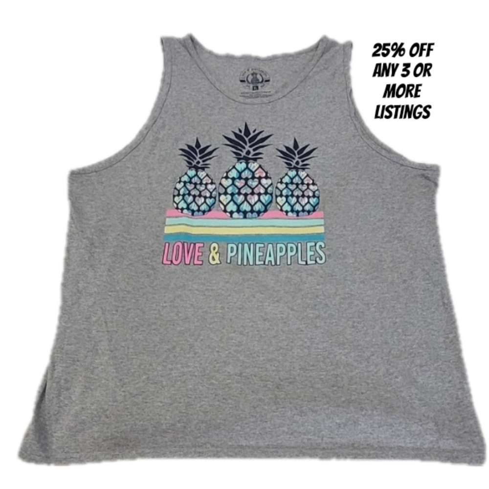 Love & Pineapples XL Tank Top Graphic Print Hearts Pastels Pink Blue Gray Tee